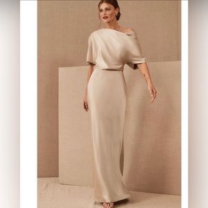 BHLDN Amsale Pryce Off-the-Shoulder Column Dress in Champagne
